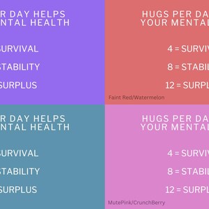 May include: A graphic with four squares, each with a different color: violet, faint red/watermelon, mute/ice blue, and mute pink/crunch berry. Each square has the text "HUGS PER DAY HELPS YOUR MENTAL HEALTH" and a list of numbers with corresponding words: 4 = SURVIVAL, 8 = STABILITY, 12 = SURPLUS.