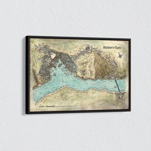 Baldur's Gate kaartposter, Gate stadskaart poster, fantasy RPG kunst aan de muur, antieke cartografie decor, extra grote kaart, vintage gamekaart