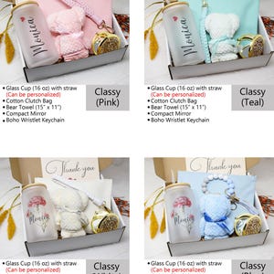 May include: Four gift boxes with different coloured themes: pink, teal, white, and blue. Each box contains a glass cup with a straw, a cotton clutch bag, a small towel, a compact mirror, and a wristlet keychain. The cups are personalised with the name "Monica".