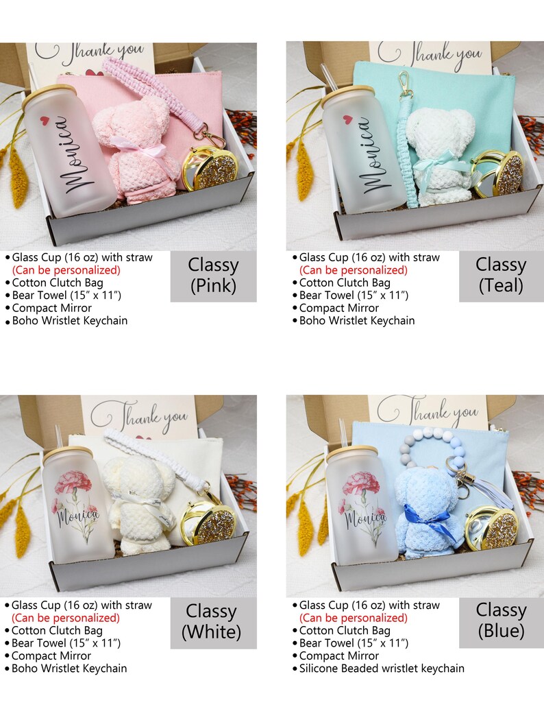 May include: Four gift boxes with different coloured themes: pink, teal, white, and blue. Each box contains a glass cup with a straw, a cotton clutch bag, a small towel, a compact mirror, and a wristlet keychain. The cups are personalised with the name "Monica".