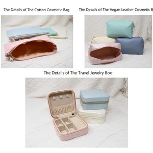 May include: Three different cosmetic bags and a travel jewellery box. The bags are made of cotton and vegan leather. The jewellery box is pink and has a zipper closure. The bags are all open and empty.