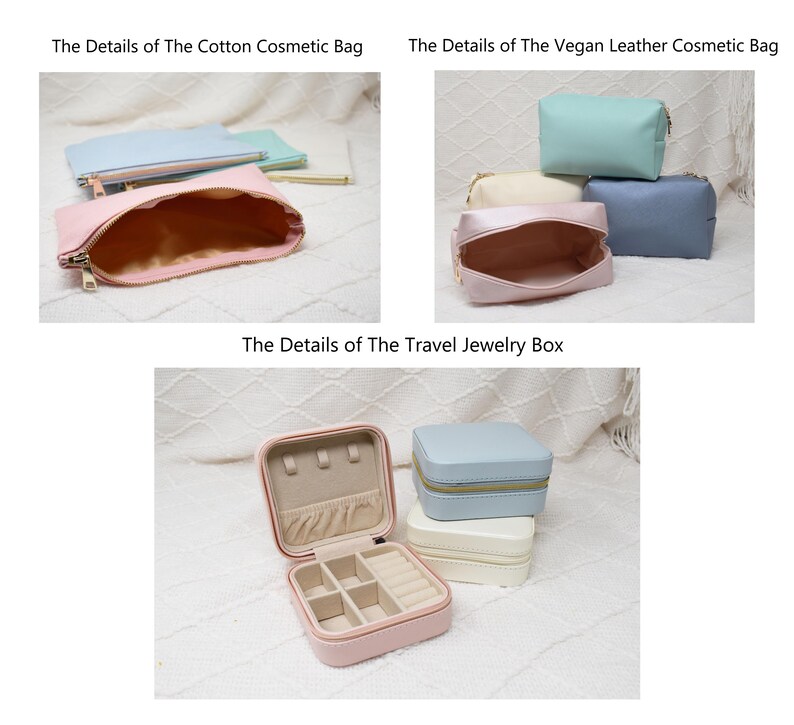 May include: Three different cosmetic bags and a travel jewellery box. The bags are made of cotton and vegan leather. The jewellery box is pink and has a zipper closure. The bags are all open and empty.
