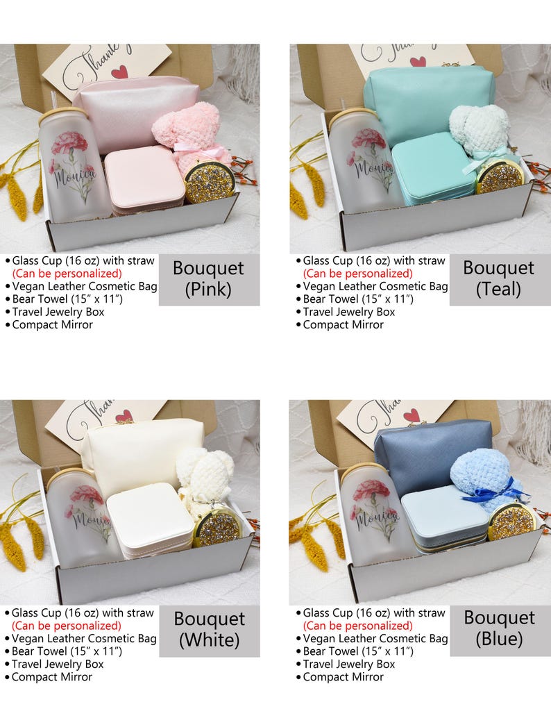 May include: Four gift boxes with different coloured bouquets. Each box contains a glass cup with a straw, a vegan leather cosmetic bag, a bear towel, a travel jewellery box, and a compact mirror. The bouquets are pink, teal, white, and blue.