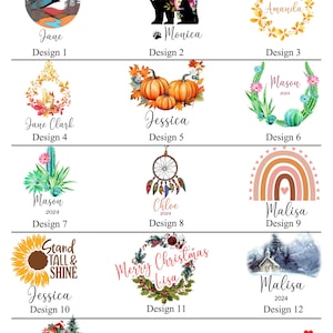 May include: A collage of 15 different designs for tumblers, mugs, and glass cups. The designs feature various themes, including nature, animals, holidays, and personalised names.