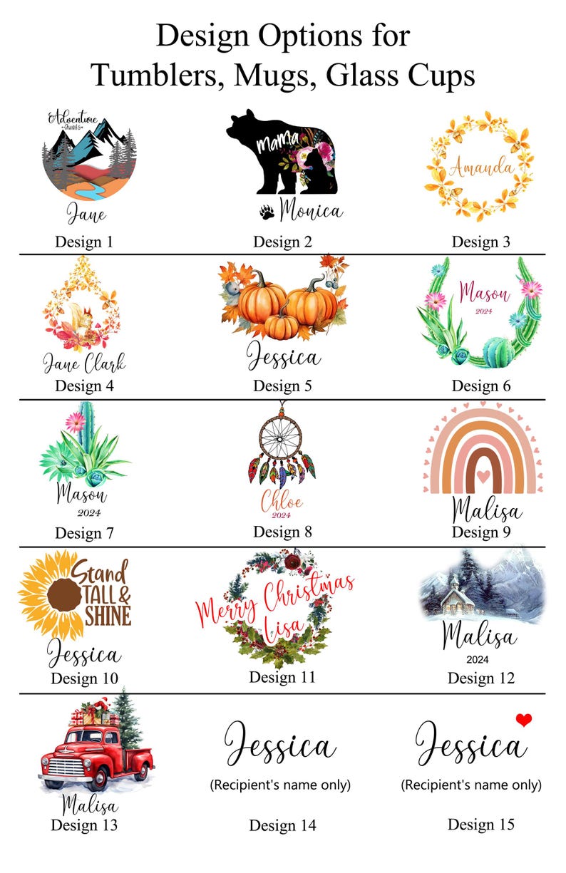 May include: A collage of 15 different designs for tumblers, mugs, and glass cups. The designs feature various themes, including nature, animals, holidays, and personalised names.
