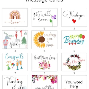 May include: Twelve different greeting cards with various designs and messages. The cards feature illustrations of rainbows, reindeer, sunflowers, birthday balloons, champagne glasses, flowers, and wreaths. The messages include "love", "get well soon", "thank you", "happy holiday", "sending you shine", "happy birthday", "congrats", "best mum ever", "merry christmas", "thinking of you", "you got this", and "you word here".