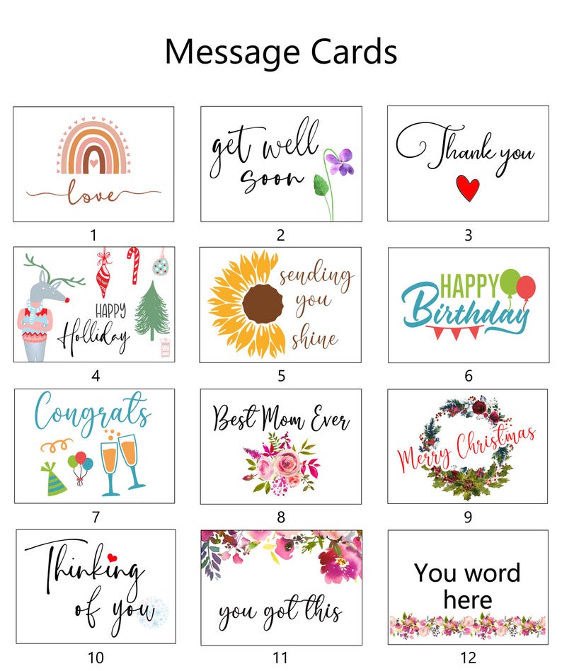 May include: Twelve different greeting cards with various designs and messages. The cards feature illustrations of rainbows, reindeer, sunflowers, birthday balloons, champagne glasses, flowers, and wreaths. The messages include "love", "get well soon", "thank you", "happy holiday", "sending you shine", "happy birthday", "congrats", "best mum ever", "merry christmas", "thinking of you", "you got this", and "you word here".