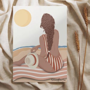 Affiche/Carte illustration "Femme à la plage" - Cadeau unique fait-main