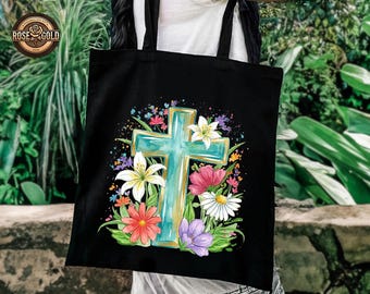 Custom Christian Cross Floral Tote Bag, Bible Verse Canvas Tote, Inspirational Religious Faith Gift for Mom