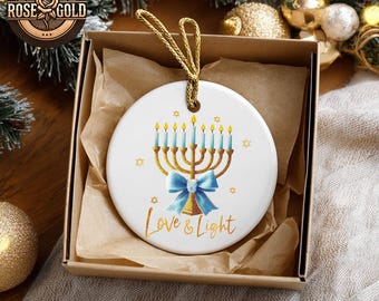 Hanukkah Menorah Love & Light Ceramic Ornament, Religious Jewish Gift, Hanukkah Home Decor