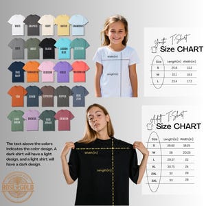 The image is a collage of various t-shirt designs, including different color options and sizes, along with a young girl posing with a black t-shirt and a size chart.