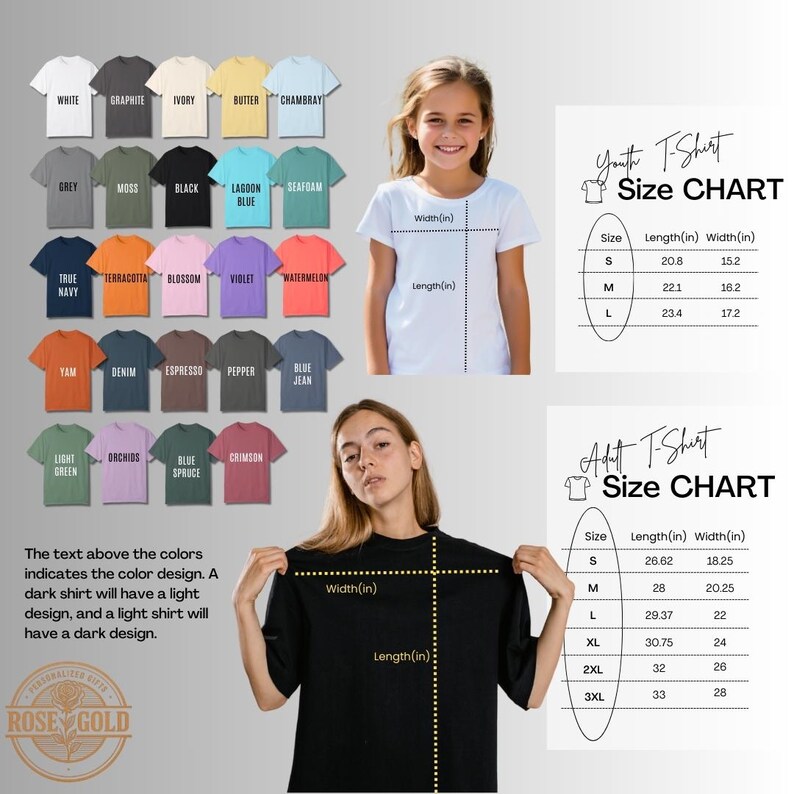 The image is a collage of various t-shirt designs, including different color options and sizes, along with a young girl posing with a black t-shirt and a size chart.