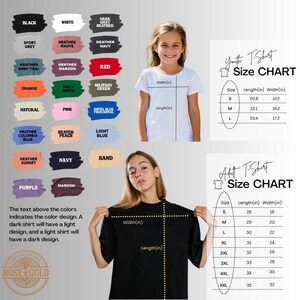 The image is a size chart for a t-shirt, showing the different color designs and corresponding measurements for both a young girl and an adult.