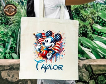 Personalized Mickey Tote Bag, Patriotic Custom Name Gift For Her, American Flag, Disney Cruise Tote Bag