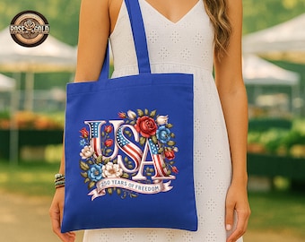250th Years of Freedom USA Floral Tote Bag, American Girl Flag Canvas Tote, 1776 2026 4th of July Gift for Mom