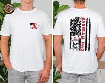 Personalized Baseball Dad Shirt, Custom Name and Number Baseball Tee, Front and Back American Flag Sweater