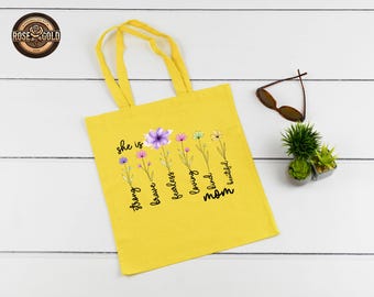 Custom She is Mom Floral Tote Bag, Mother's Day Canvas Tote, Positive Affirmation Gift for Mom, Birthday Beach Bag