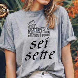 May include: A gray t-shirt featuring a black line drawing of the Colosseum and the Italian words "sei sette". The shirt has rolled-up sleeves and a relaxed fit. A rose gold logo is visible in the upper left corner.