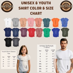 Puede incluir: Un gr&aacute;fico que muestra los colores y tallas de camisetas unisex y juveniles. El gr&aacute;fico incluye una variedad de colores de camisetas, como blanco, gris, rosa y azul. Tambi&eacute;n se muestran tablas de tallas para camisetas de manga corta juveniles y camisetas unisex.