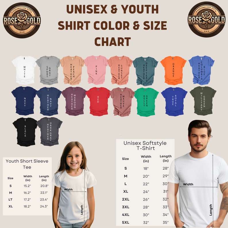 Puede incluir: Un gr&aacute;fico que muestra los colores y tallas de camisetas unisex y juveniles. El gr&aacute;fico incluye una variedad de colores de camisetas, como blanco, gris, rosa y azul. Tambi&eacute;n se muestran tablas de tallas para camisetas de manga corta juveniles y camisetas unisex.