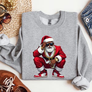 Black Santa Christmas Sweatshirt, Hip Hop Santa Holiday Sweater, African American Xmas Sweat