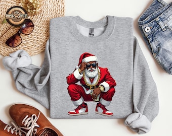Black Santa Christmas Sweatshirt, Hip Hop Santa Holiday Sweater, African American Xmas Sweat