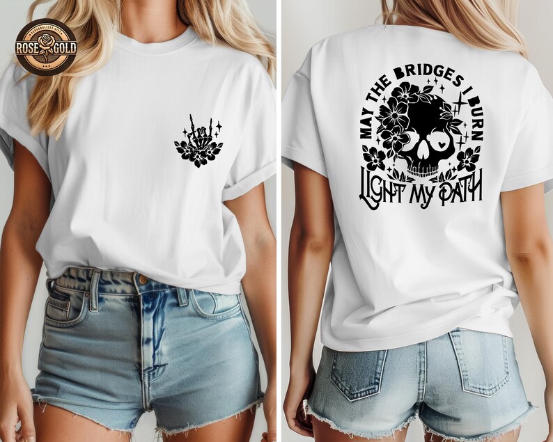 Camiseta con estampado floral de calavera y esqueleto, diseño moderno en la parte delantera y trasera. imagen 6
