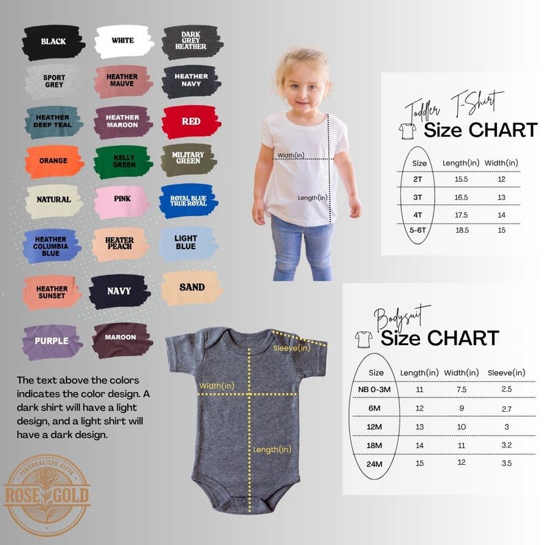 The image is a collage of various images, including a young child wearing a white t-shirt, a toddler t-shirt chart, and a baby onesie with different color options. The text above the colors indicates the color design, and the measurements below the images show the size of the t-shirt or onesie.