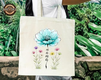 Custom Mama Wildflower Tote Bag, Mom Floral Canvas Tote, Mother's Day Gift, Spring Gift for Mom Grandma