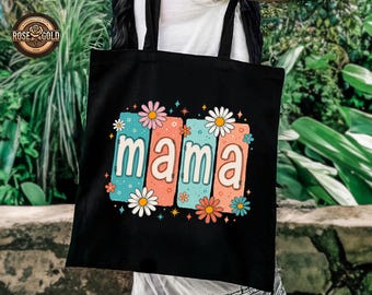 Custom Floral Mama Canvas Tote Bag, Mother's Day Flower Shoulder Bag, Mom Birthday Gift, Spring Mom Market Bag