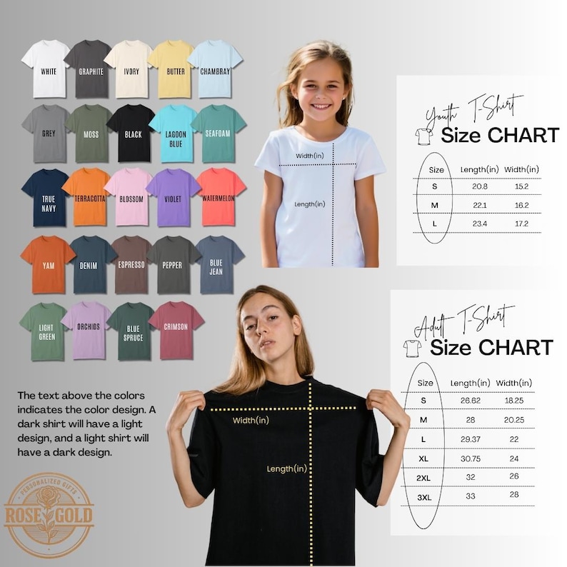 The image is a collage of various t-shirt designs, including different color options and sizes, along with a young girl posing with a black t-shirt and a size chart.