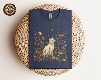 Aesthetic Floral Cat Shirt, Wildflower Cat Tee, Cat Lover Gift, Retro Animal Tee, Celestial Boho Shirt