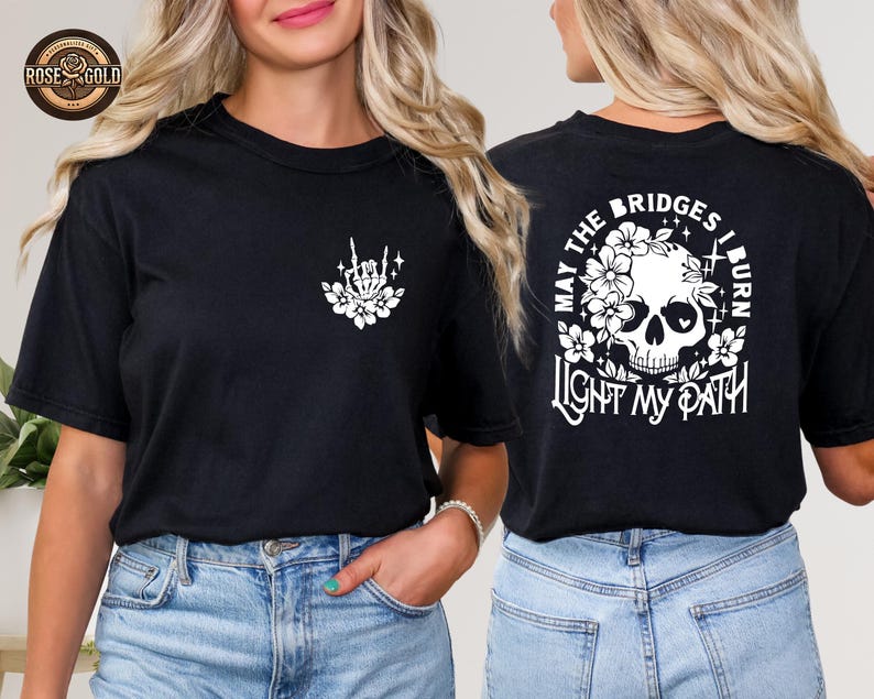 Camiseta con estampado floral de calavera y esqueleto, diseño moderno en la parte delantera y trasera. imagen 8