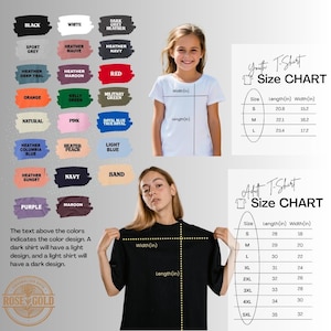 The image is a size chart for a t-shirt, showing the different color designs and corresponding measurements for both a young girl and an adult.