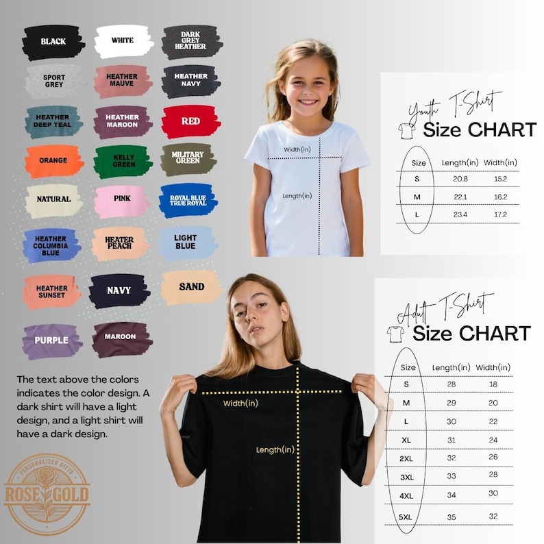 The image is a size chart for a t-shirt, showing the different color designs and corresponding measurements for both a young girl and an adult.