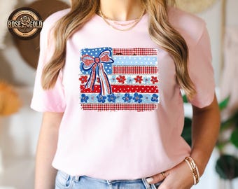 Coquette American Flag Shirt, Patriotic Gift For Her, Red White and Blue Shirt, Independence Day Tee
