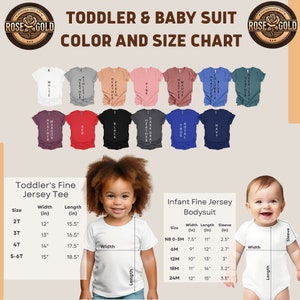 Puede incluir: Tabla de colores para trajes de beb&eacute; y ni&ntilde;o peque&ntilde;o. La tabla muestra varios colores de camisetas, incluyendo blanco, gris jaspeado, melocot&oacute;n, rosa y granate. Tambi&eacute;n se muestran tablas de tallas para camisetas de ni&ntilde;o peque&ntilde;o y bodies de beb&eacute;, con medidas en pulgadas.