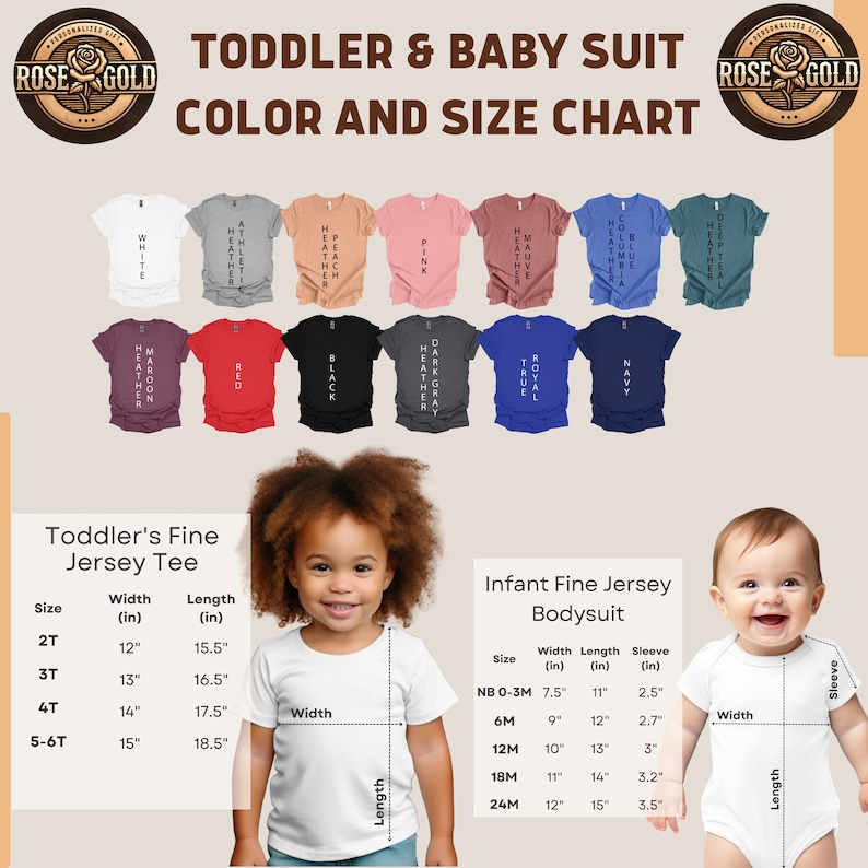Puede incluir: Tabla de colores para trajes de beb&eacute; y ni&ntilde;o peque&ntilde;o. La tabla muestra varios colores de camisetas, incluyendo blanco, gris jaspeado, melocot&oacute;n, rosa y granate. Tambi&eacute;n se muestran tablas de tallas para camisetas de ni&ntilde;o peque&ntilde;o y bodies de beb&eacute;, con medidas en pulgadas.