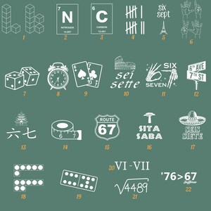 May include: A collection of white illustrations on a teal background, depicting numbers and quantities. Includes dice, playing cards, a clock, and the Eiffel Tower. Also features the words "SIX", "SEVEN", and "ROUTE 67".