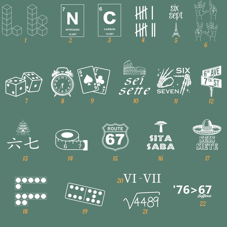 May include: A collection of white illustrations on a teal background, depicting numbers and quantities. Includes dice, playing cards, a clock, and the Eiffel Tower. Also features the words "SIX", "SEVEN", and "ROUTE 67".