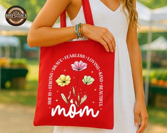 Custom Mom Floral Canvas Tote Bag, Mother's Day Spring Market Bag, Gift for Mom Grandma, Birthday Gift