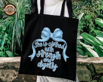 Religious Christian Canvas Tote Bag, Woman's Bible Study Verse, Coquette Bow
