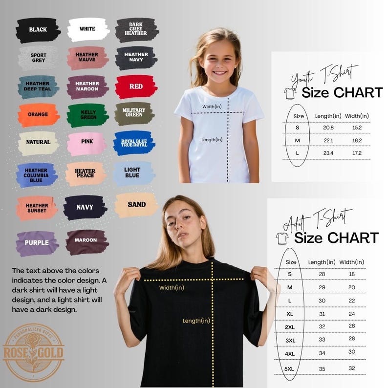 The image is a size chart for a t-shirt, showing the different color designs and corresponding measurements for both a young girl and an adult.