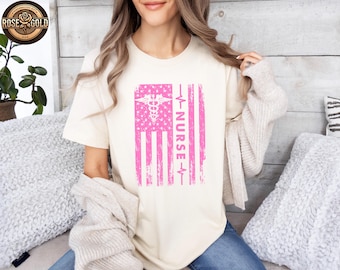 Camiseta de enfermera con bandera estadounidense personalizada, camiseta patriótica de enfermera registrada, camiseta de atención médica de EE. UU.