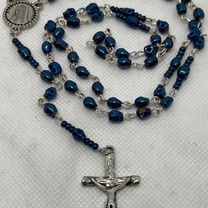 Memento mori rosary beads royal blue skull shaped hematite beads with silver Virgin Mary connector and silver cross non tarnish metal rosary