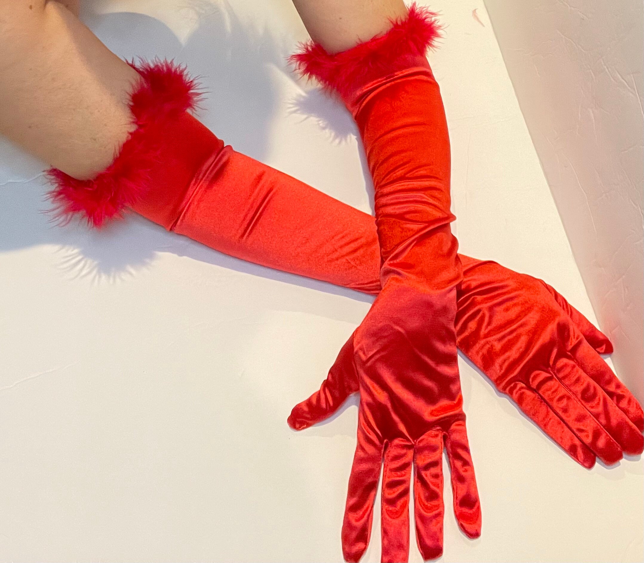 Accessoires Handschoenen & wanten Verkleden Handschoenen Boa trim opera length sateen gloves stretch full length gloves with boa trim 