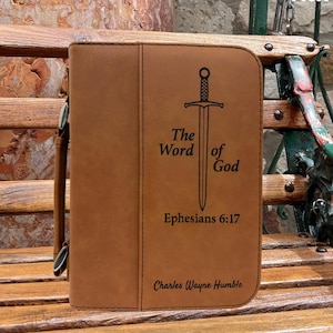 Engraved Leather Bible Cover with Sword Design - Ephesians 6:17 Scripture Gift for Christian Men, Pastors, Bible Study Groups, Baptism Gift