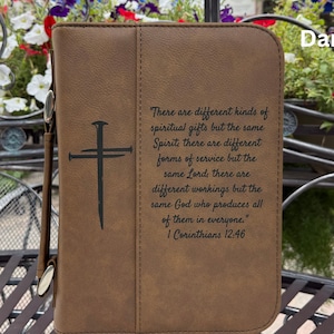 Engraved Leather Bible Cover with Cross & Scripture | Custom Zipper Case | Christian Gift for Men, Women, Baptism, Wedding