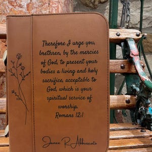 Personalized Rawhide Bible Cover with Floral Design & Romans 12:1 Verse – Custom Engraved Gift for Women, Faith Journal Case