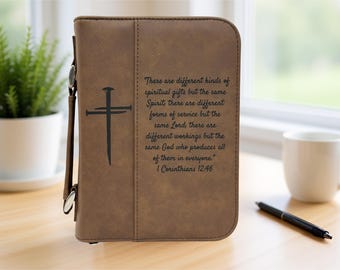 Engraved Vegan Leather Bible Cover: Scripture Cross Zipper Case, Christian Gift